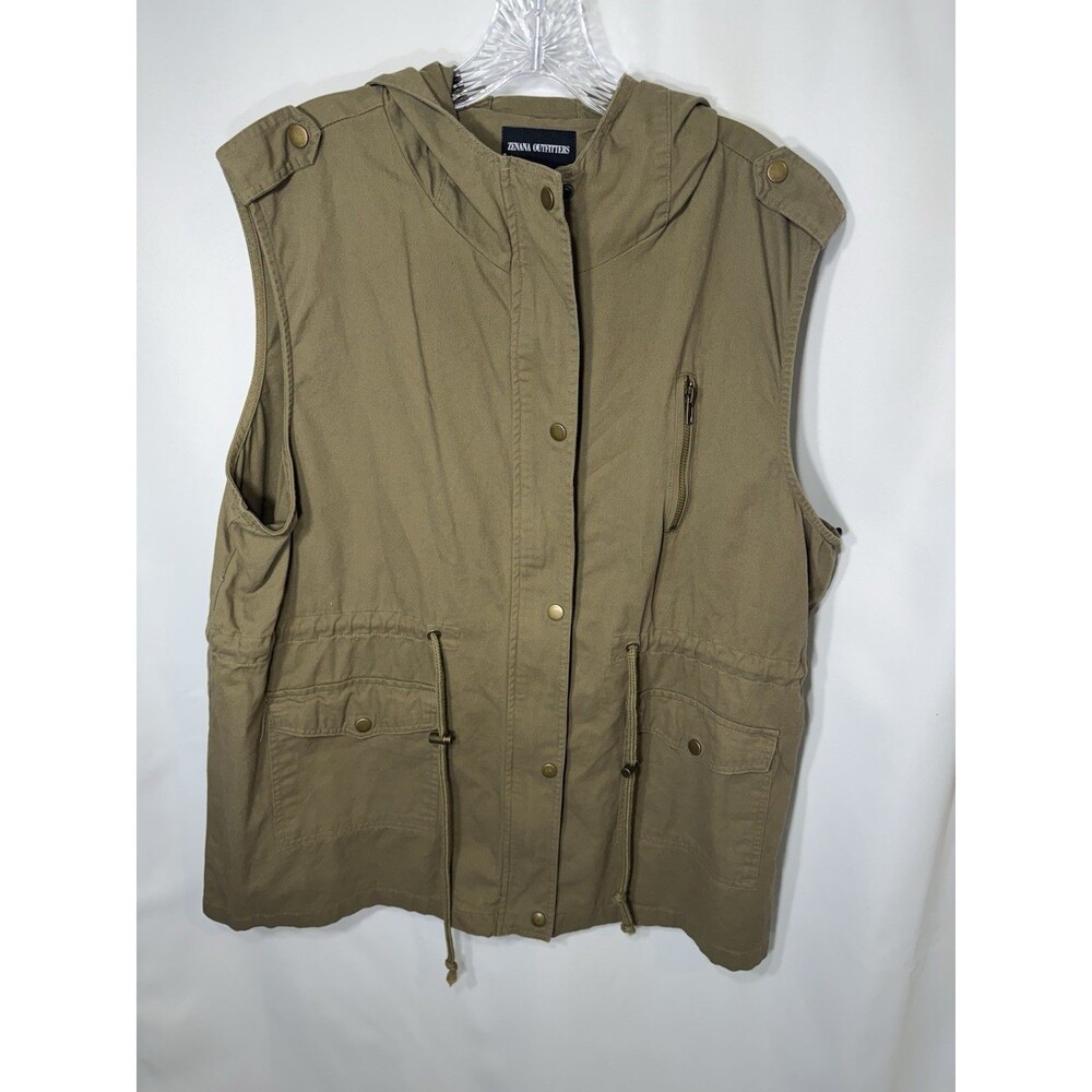 Zenana Outfitters Womens Olive Green Hooded Utility Vest Cotton Size 3X Gorpcore